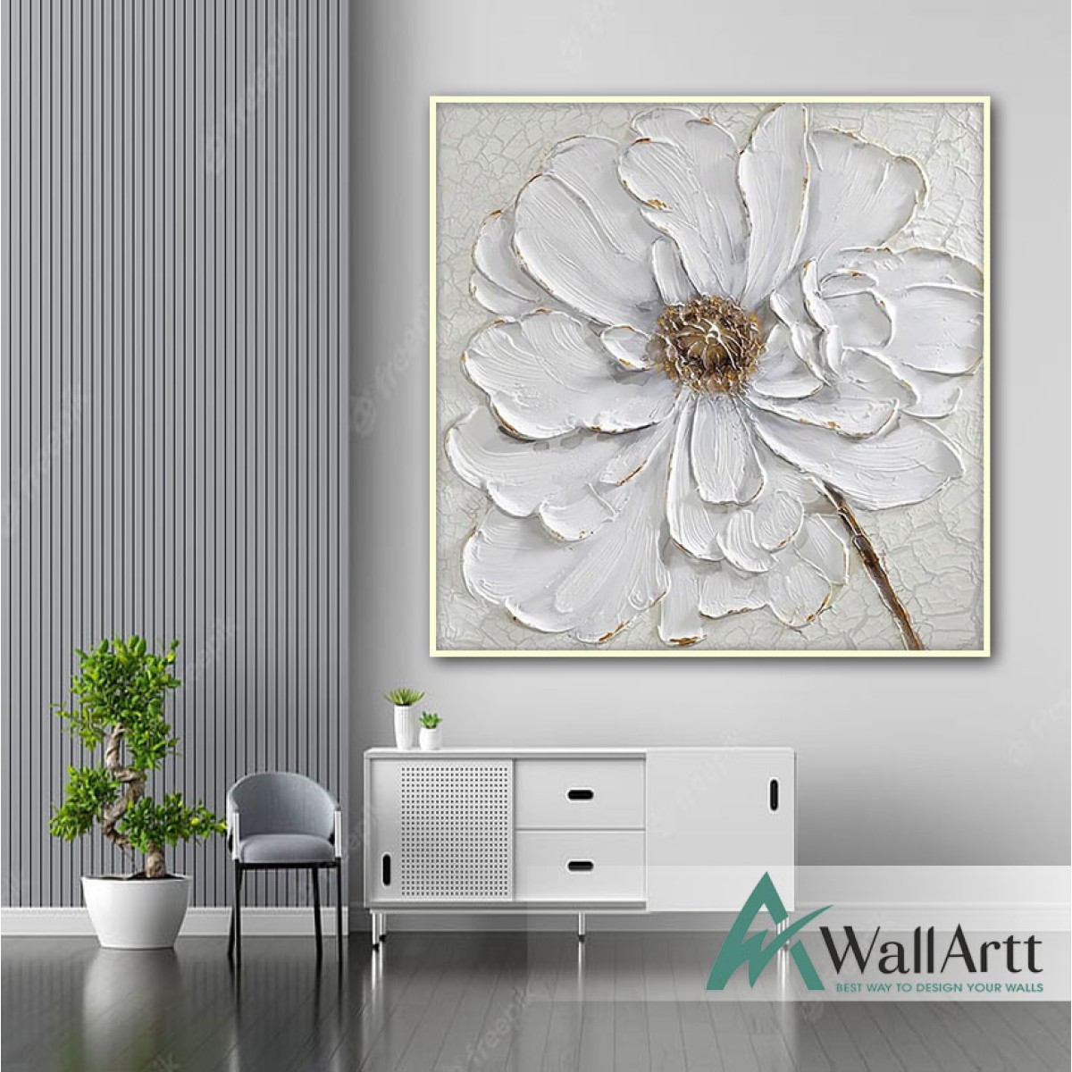 White Flower with Gold Buds Heavy Textured Partial Oil Painting